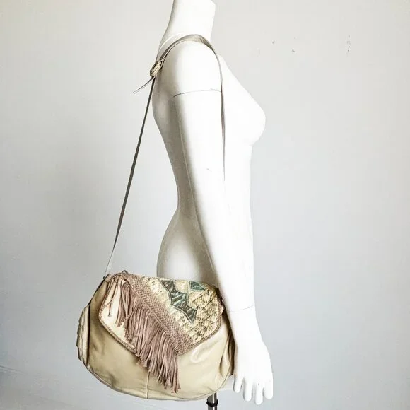 Sharif Shoulder Bag Messenger 80s Retro Snake Skin Leather Fringe Boho - Picture 3 of 10